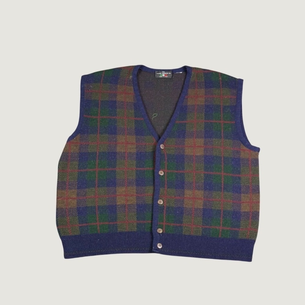 The Italian Sweater Co Mens Plaid Cardigan Vest Navy Green Made in Italy XL